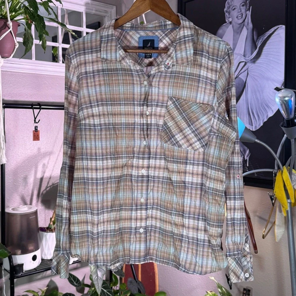 Nautica Jeans Women's Plaid Long Sleeve‎ Button Down Shirt XL Beige Blue